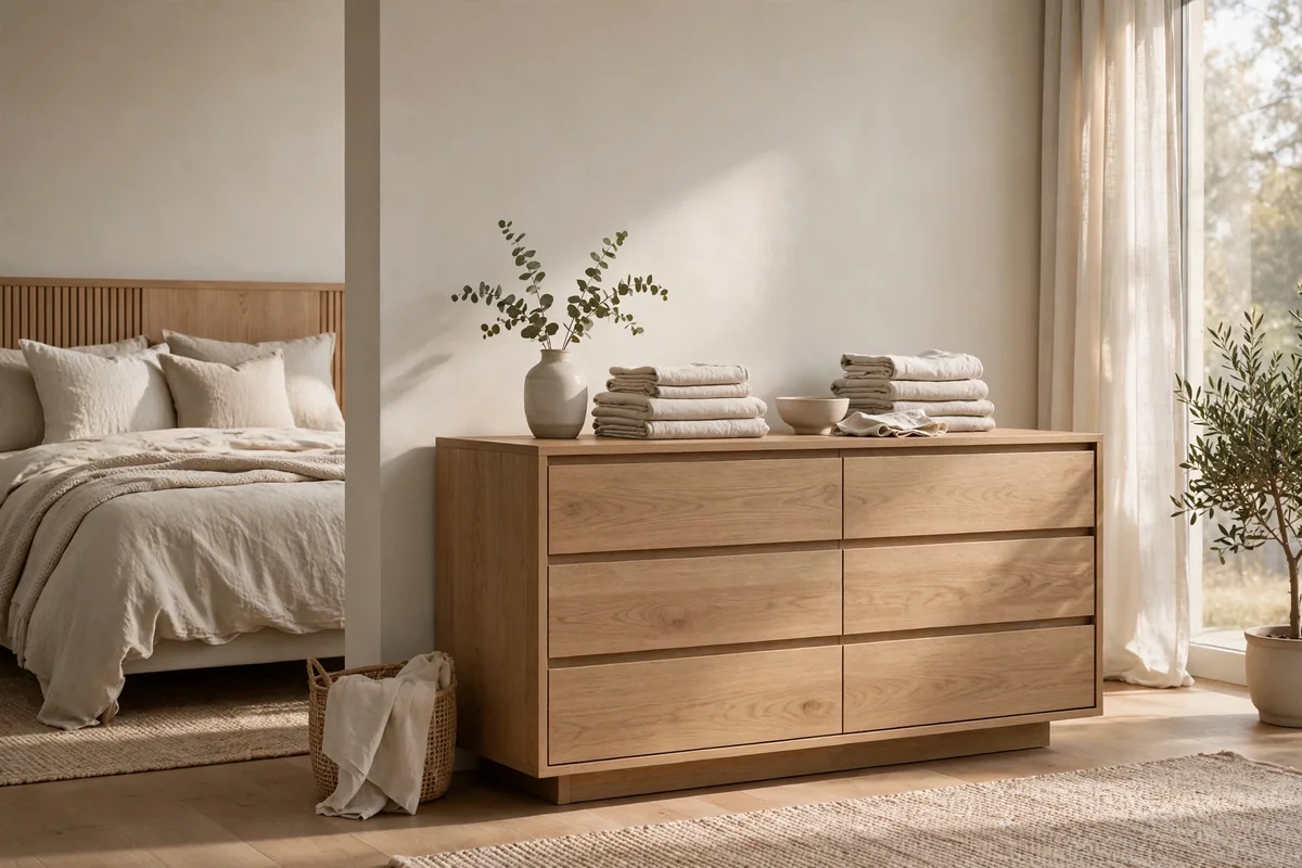 Neutral bedroom with low oak dresser with clean lines