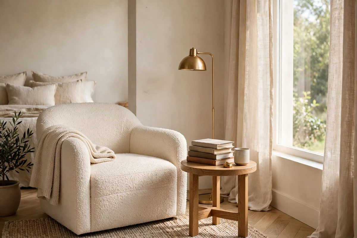 Peaceful bedroom reading nook with boucle chair and brass lamp