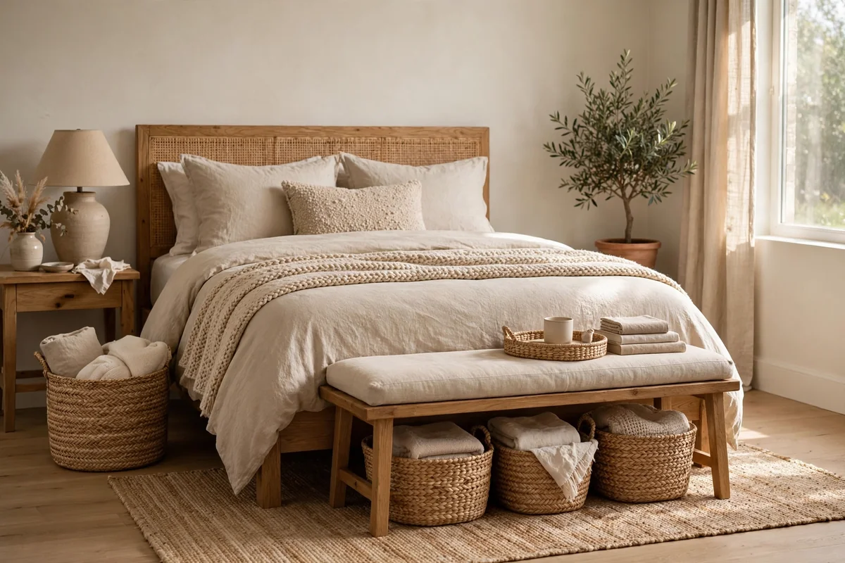 Neutral bedroom styled with woven seagrass baskets