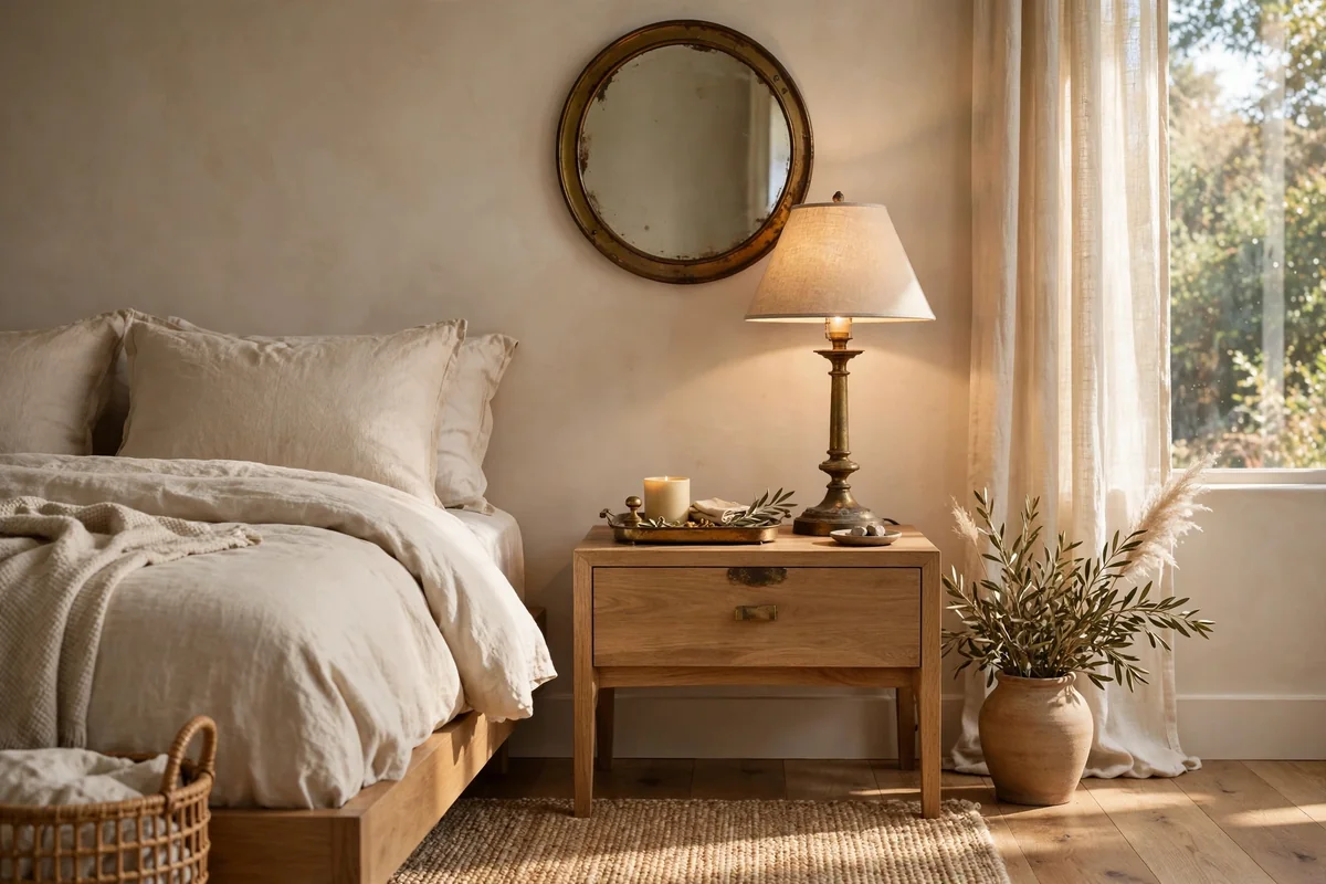 Neutral bedroom warmed with aged brass details