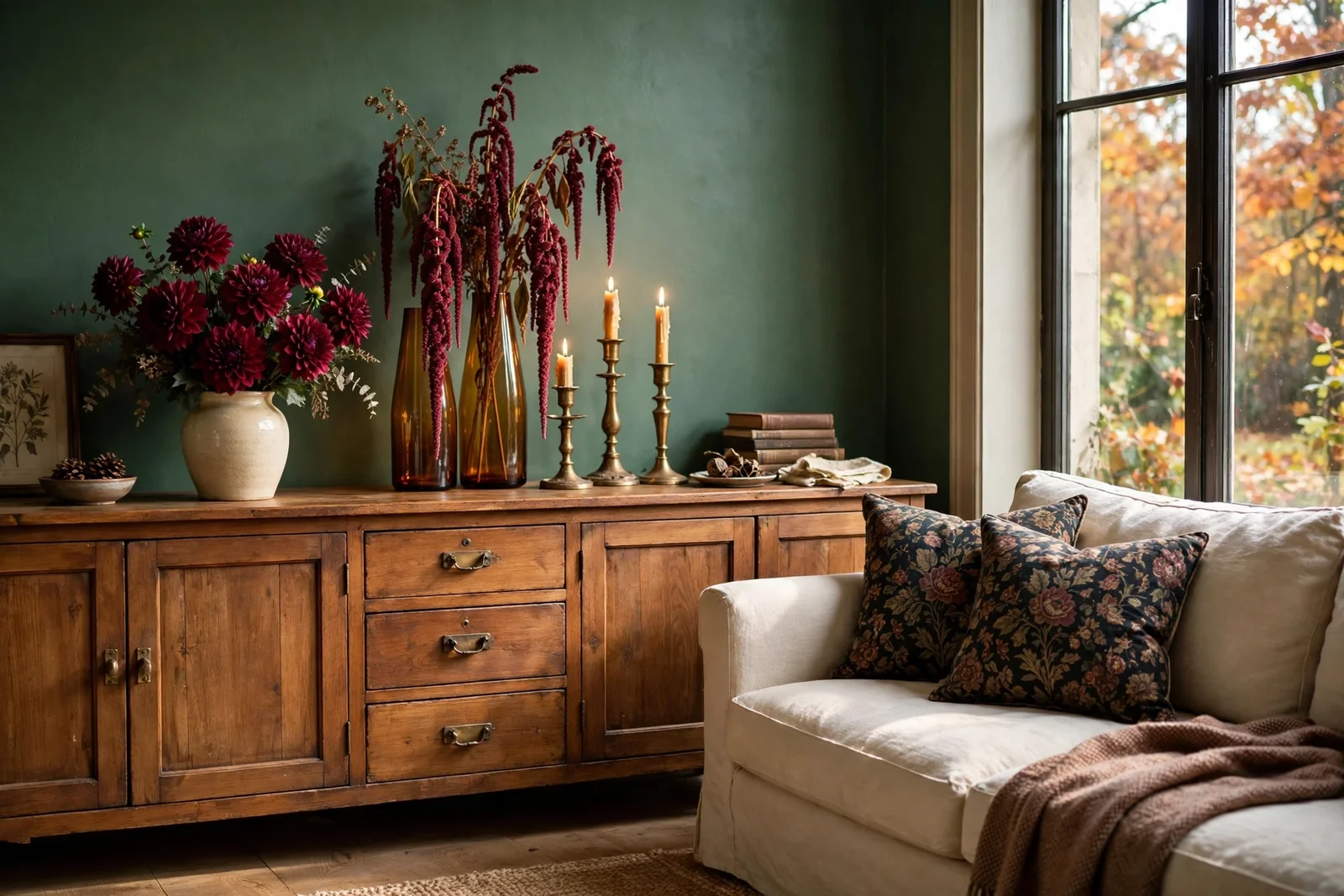 Living room with burgundy dahlias, amber glass vases and candles against a deep green wall