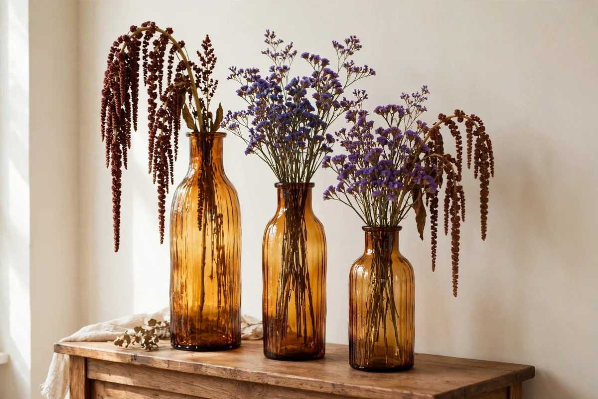Dried amaranthus and statice in tall amber glass vases on a console