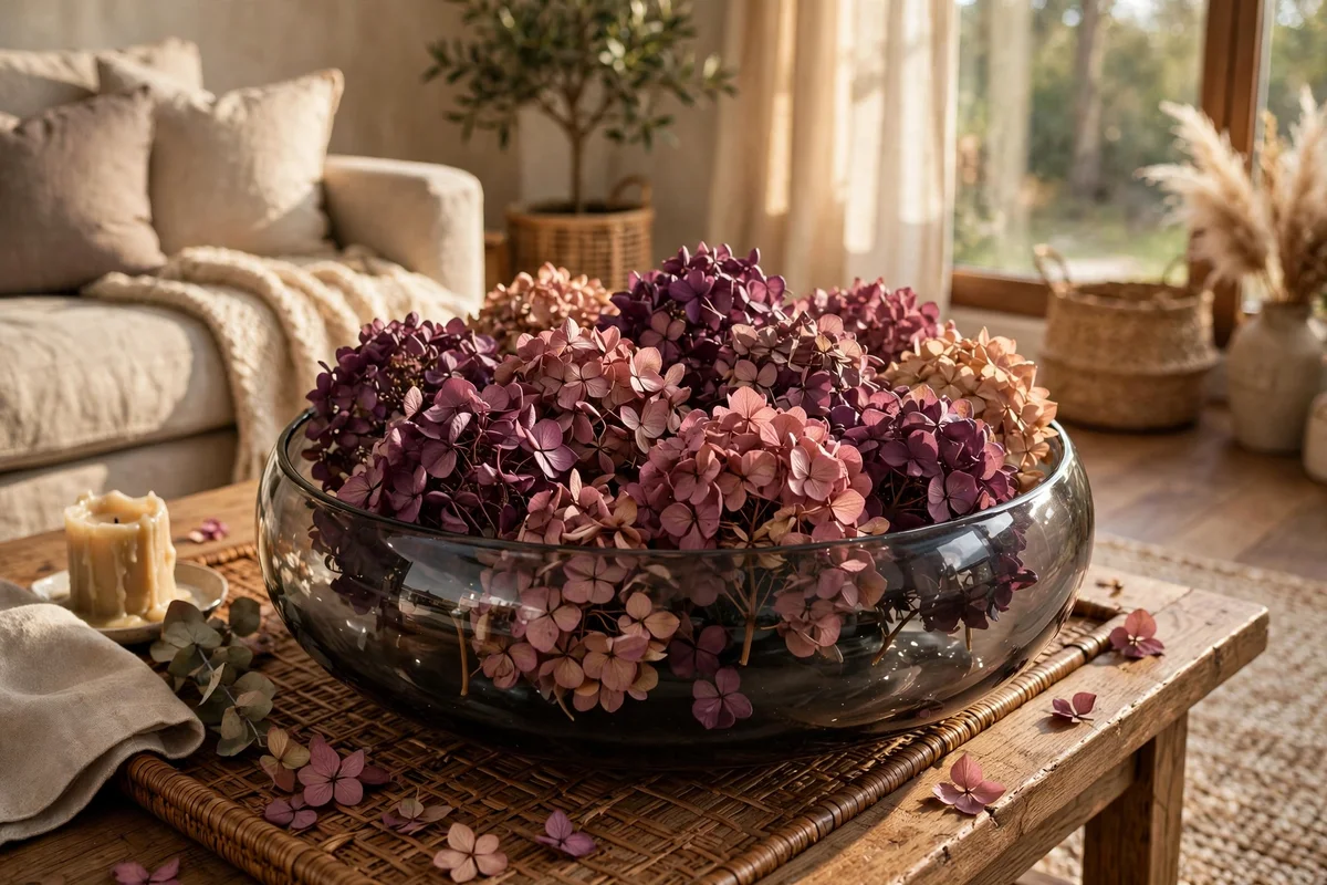 Plum dried hydrangeas in a wide smoke glass bowl on a coffee table