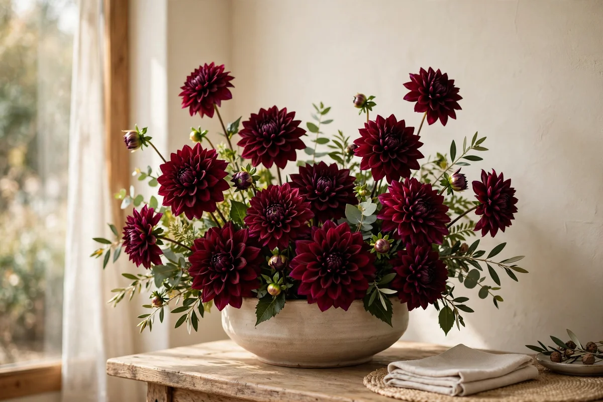 Fresh burgundy dahlias arranged in a low wide vase on a side table