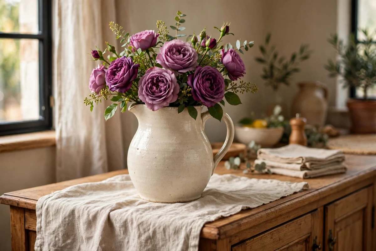 Plum garden roses in a cream stoneware pitcher on a sideboard