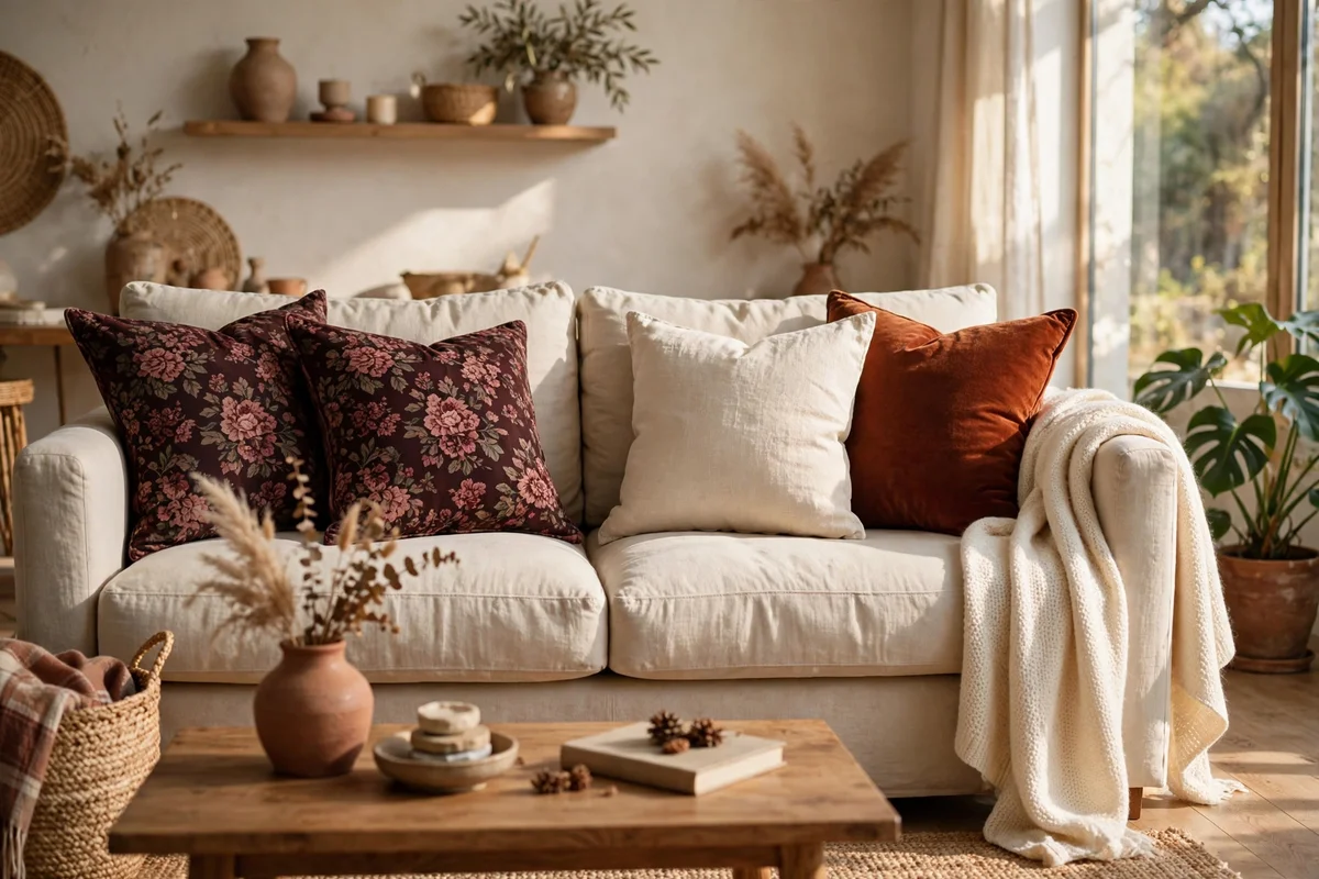 Sofa with dark floral cushions, cream linen cushions and a wool throw
