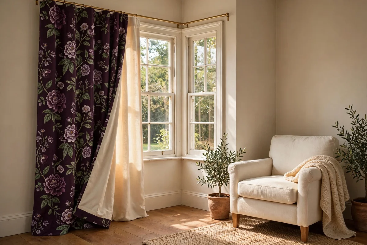 Dark floral curtain panel in plum print hanging at a corner window