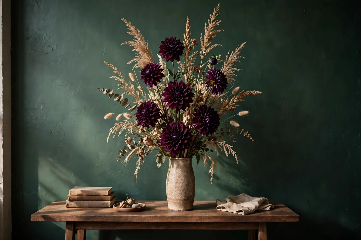 Plum dahlia arrangement against a moody deep green wall
