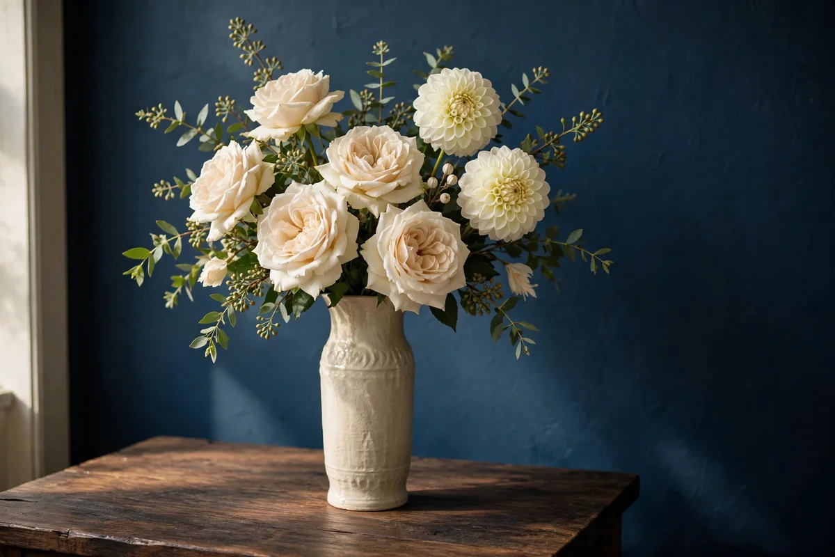 Cream flowers in a tall vase against an inky blue wall
