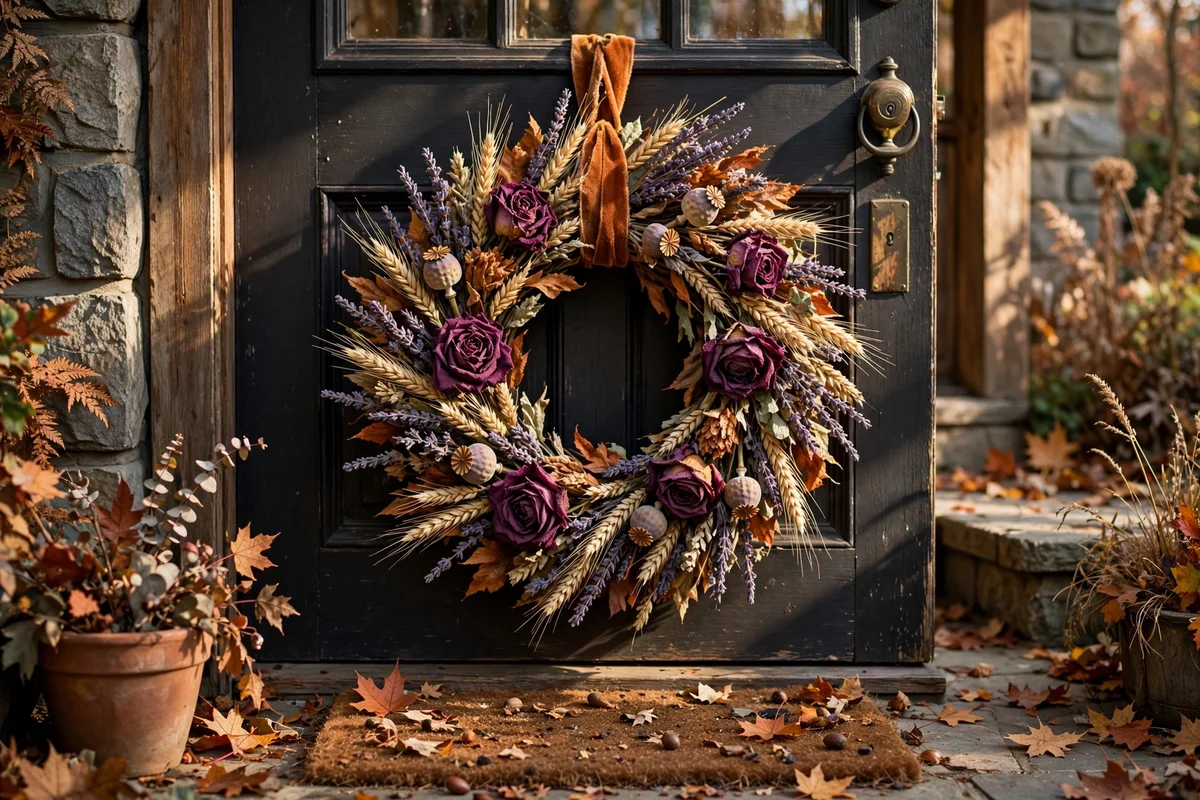 Dried flower and seed head wreath in autumn tones on a front door