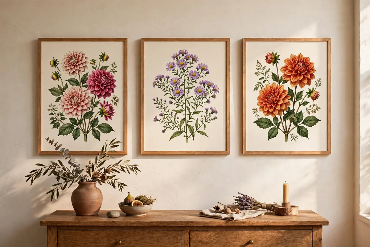 Three botanical flower prints in matching oak frames above a console