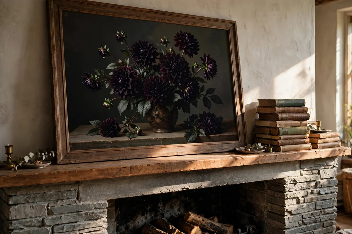 Large dark floral still life print leaned against a mantel
