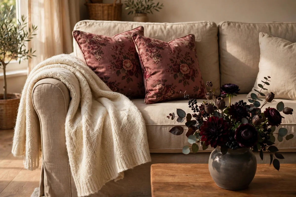Cream wool throw draped on a sofa arm beside dark floral cushions