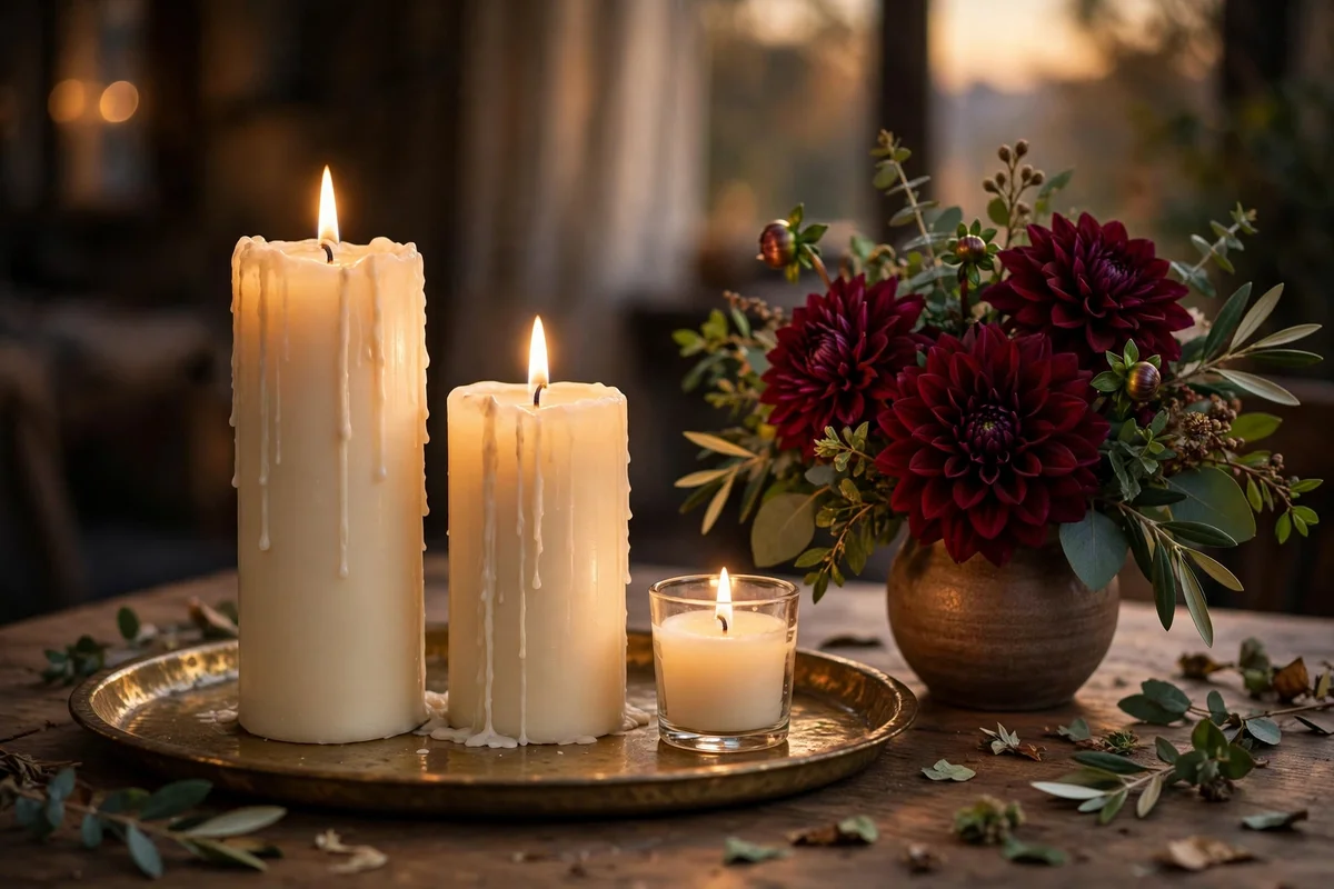 Three candle heights in cream beside a burgundy dahlia centerpiece