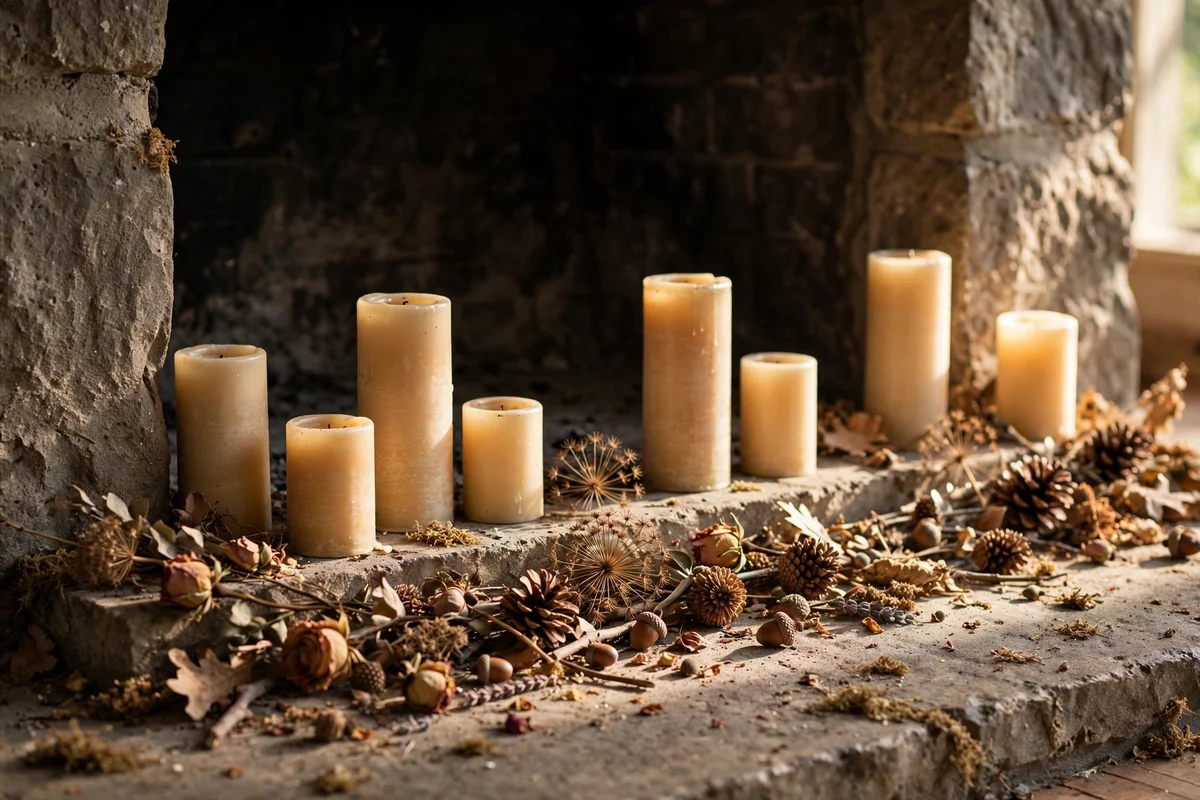 Fireplace hearth styled with candles and a dried rosebud trail