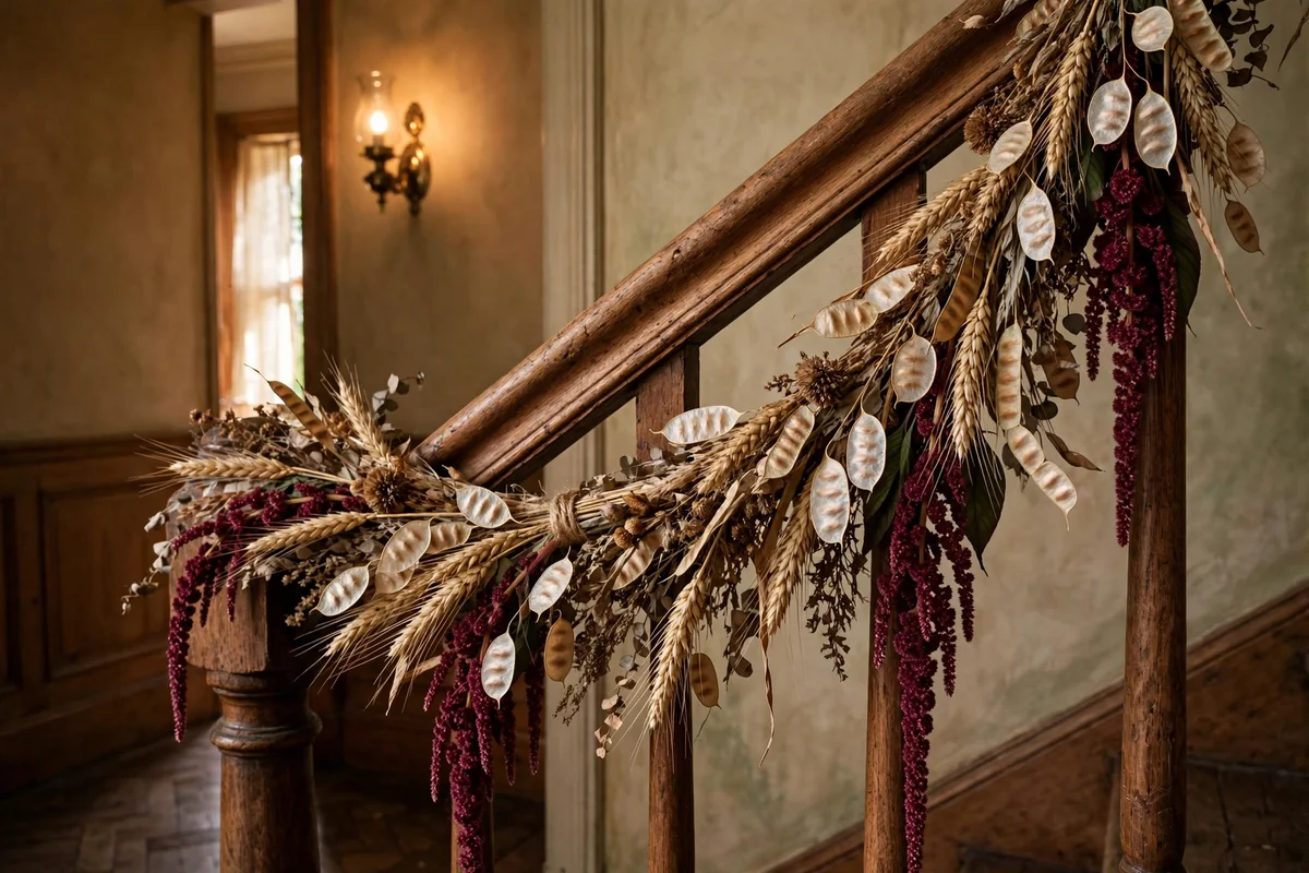 Dried seed head garland draped along a stair rail