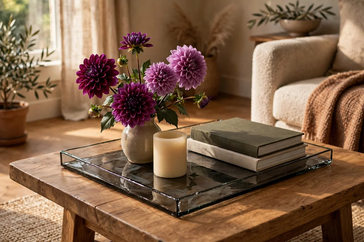 Smoke glass tray with plum dahlias, candle and books on a coffee table