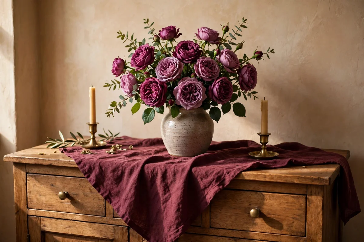 Sideboard with burgundy runner, plum roses and brass candlesticks