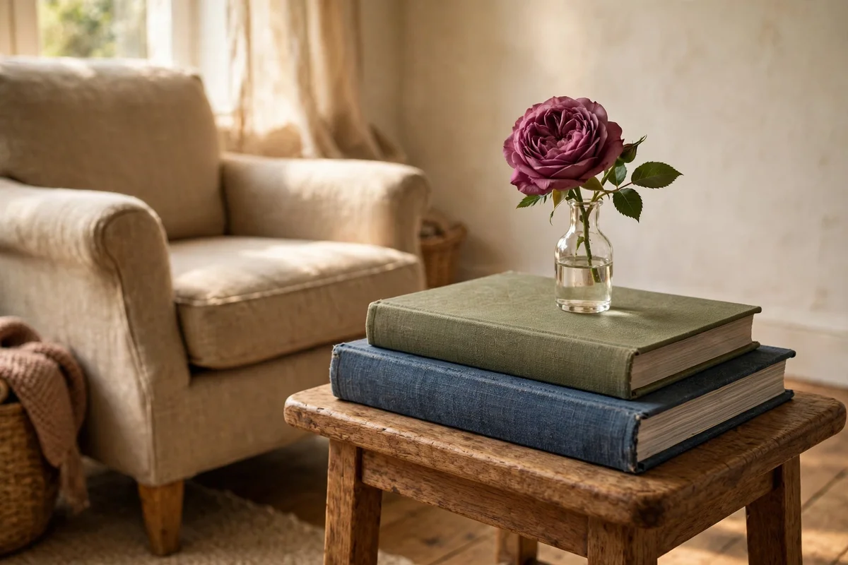 Single plum rose in a bud vase on a stack of books