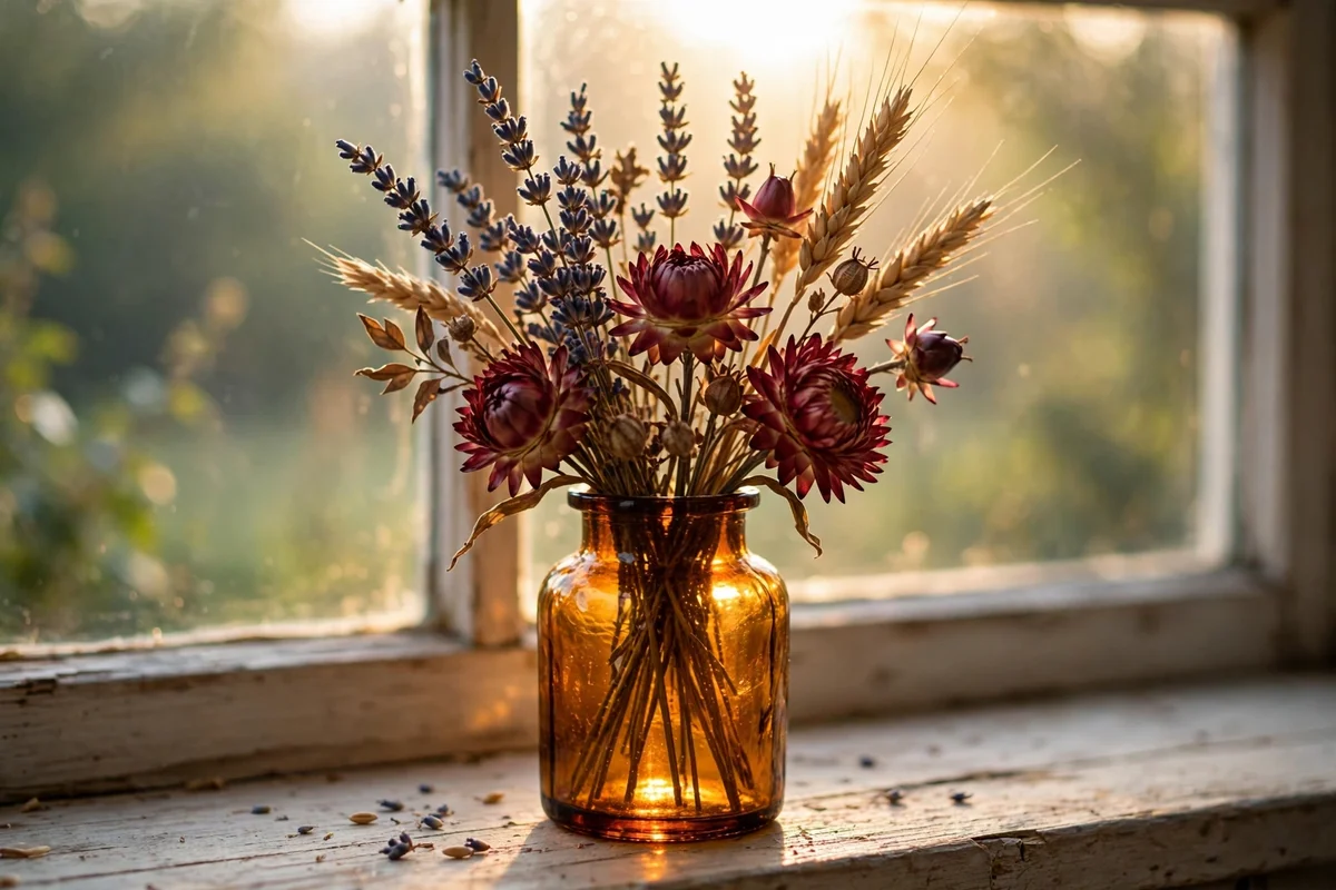 Dried posy in a small amber glass on a sunny windowsill
