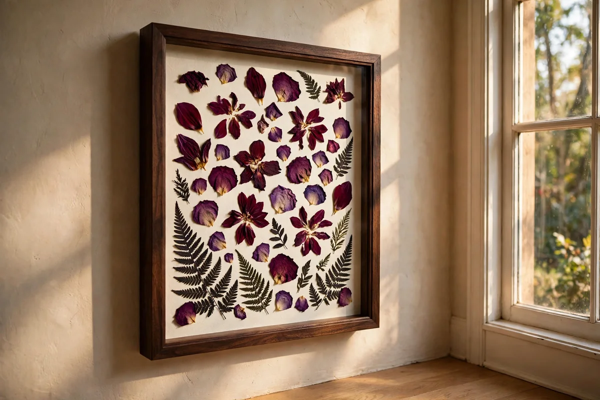 Pressed petals and ferns arranged in a deep box frame
