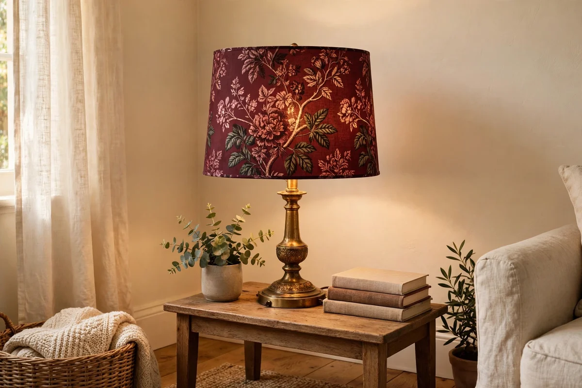 Table lamp with a dark floral drum shade glowing in a corner