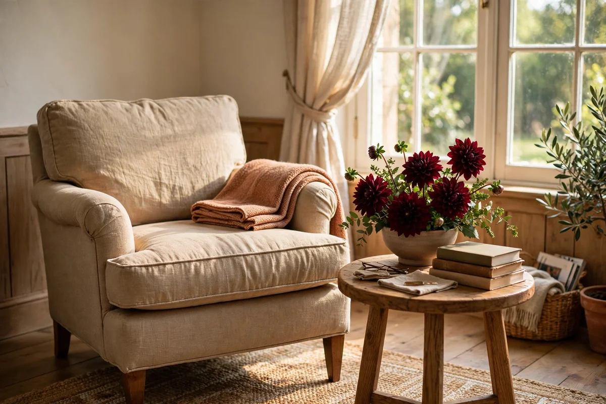 Reading nook with a shallow bowl of fresh burgundy dahlias