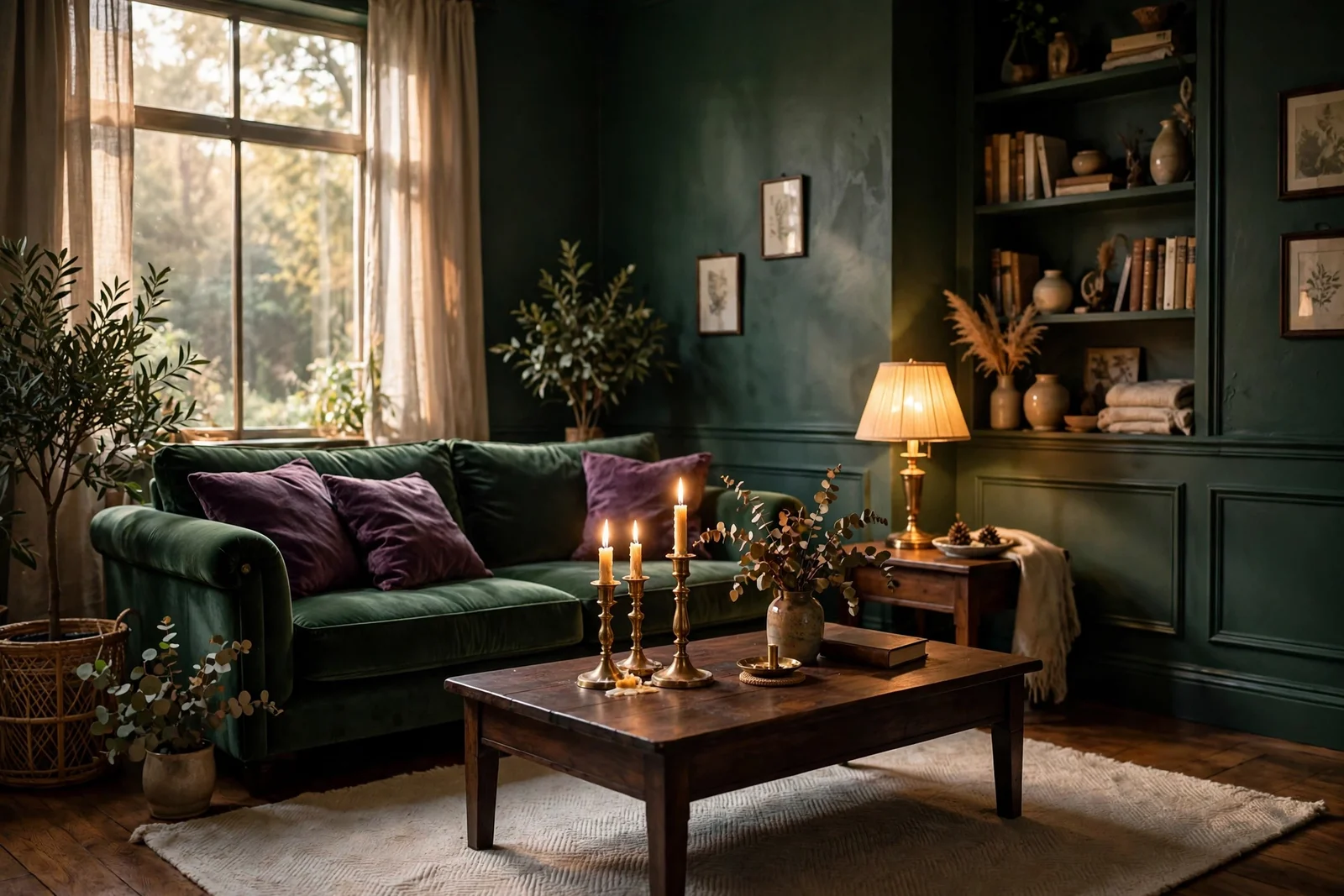Moody living room with deep green walls, velvet cushions and warm lamplight
