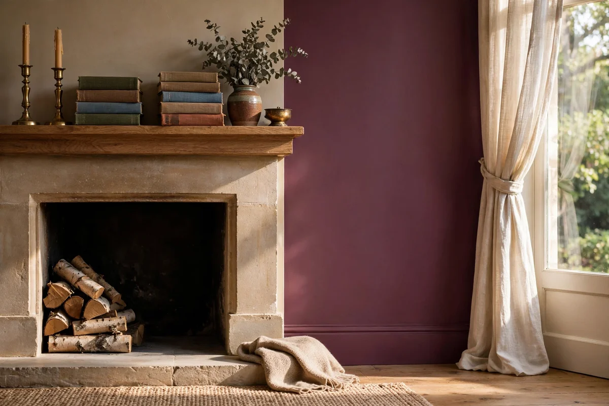 Layer a Warm Plum Accent Wall Beside the Fireplace