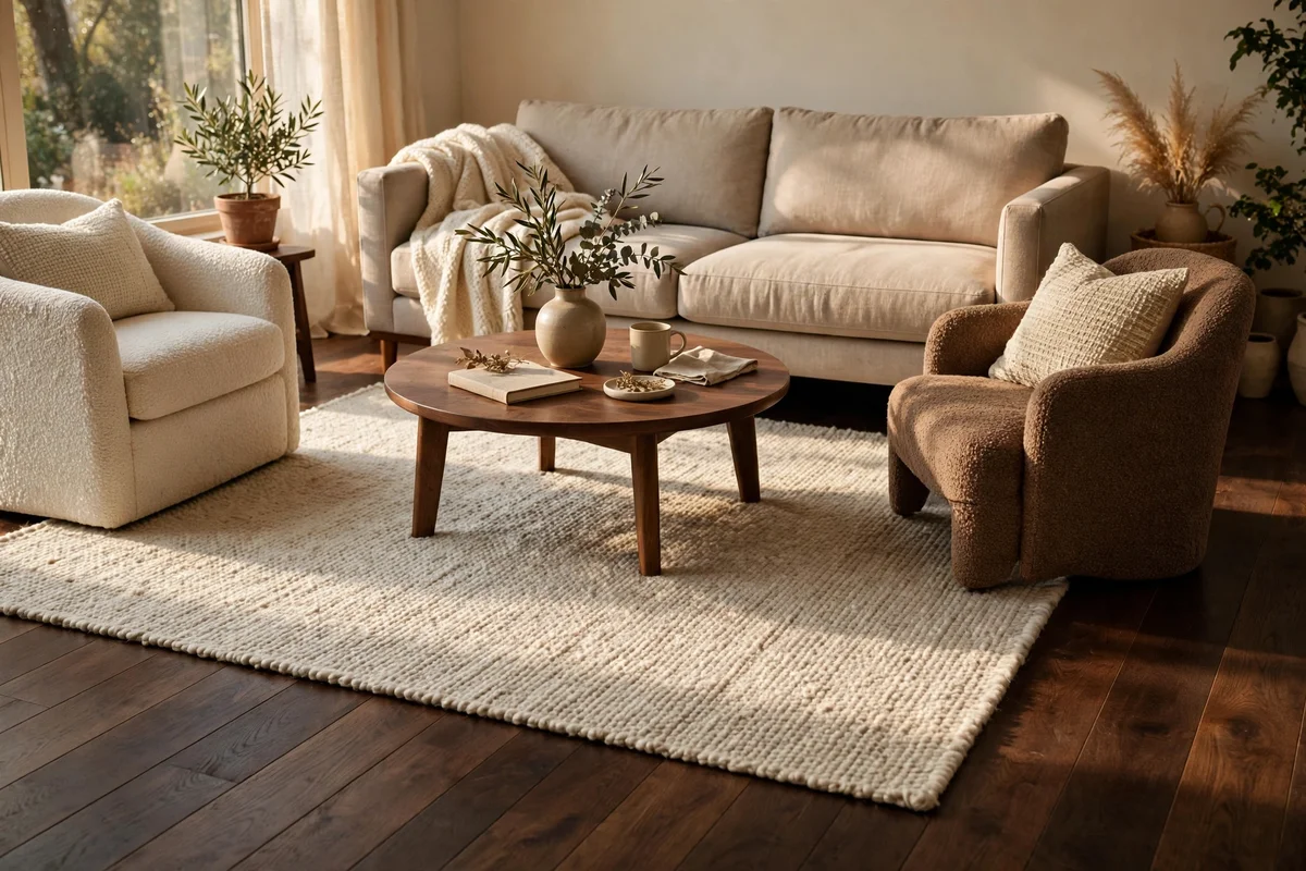 Lay a Pale Wool Rug to Lift the Dark Floor