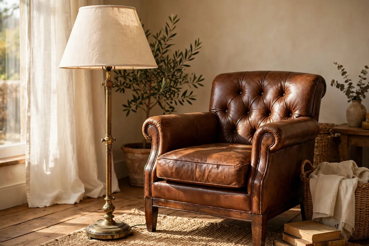 Add an Antique Brass Floor Lamp Beside the Armchair