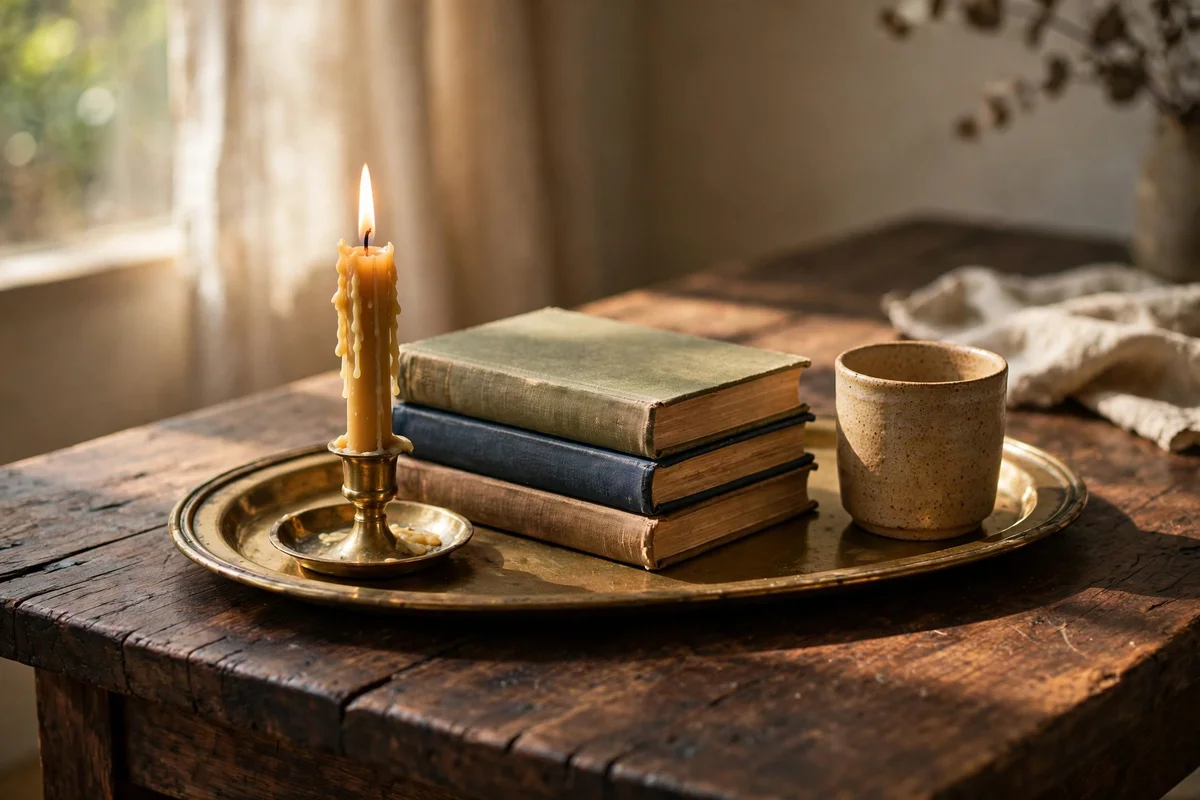 Use a Dark Wood Coffee Table With a Brass Tray