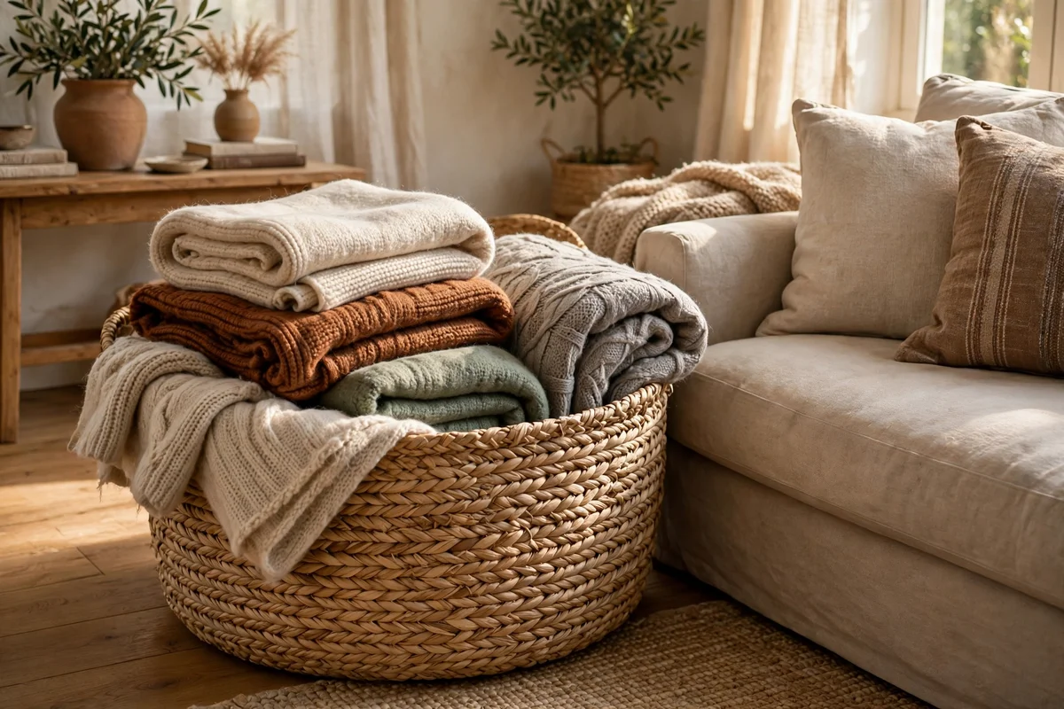 Finish With a Woven Basket for Throws and Firewood