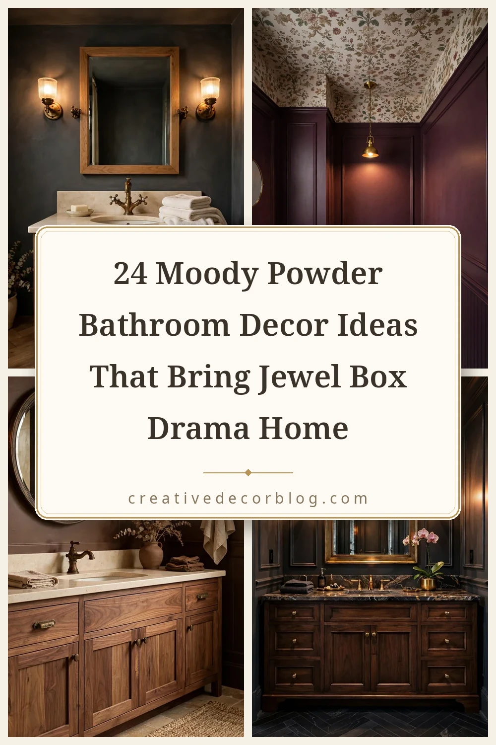 Pinterest pin collage for 24 moody powder bathroom decor ideas