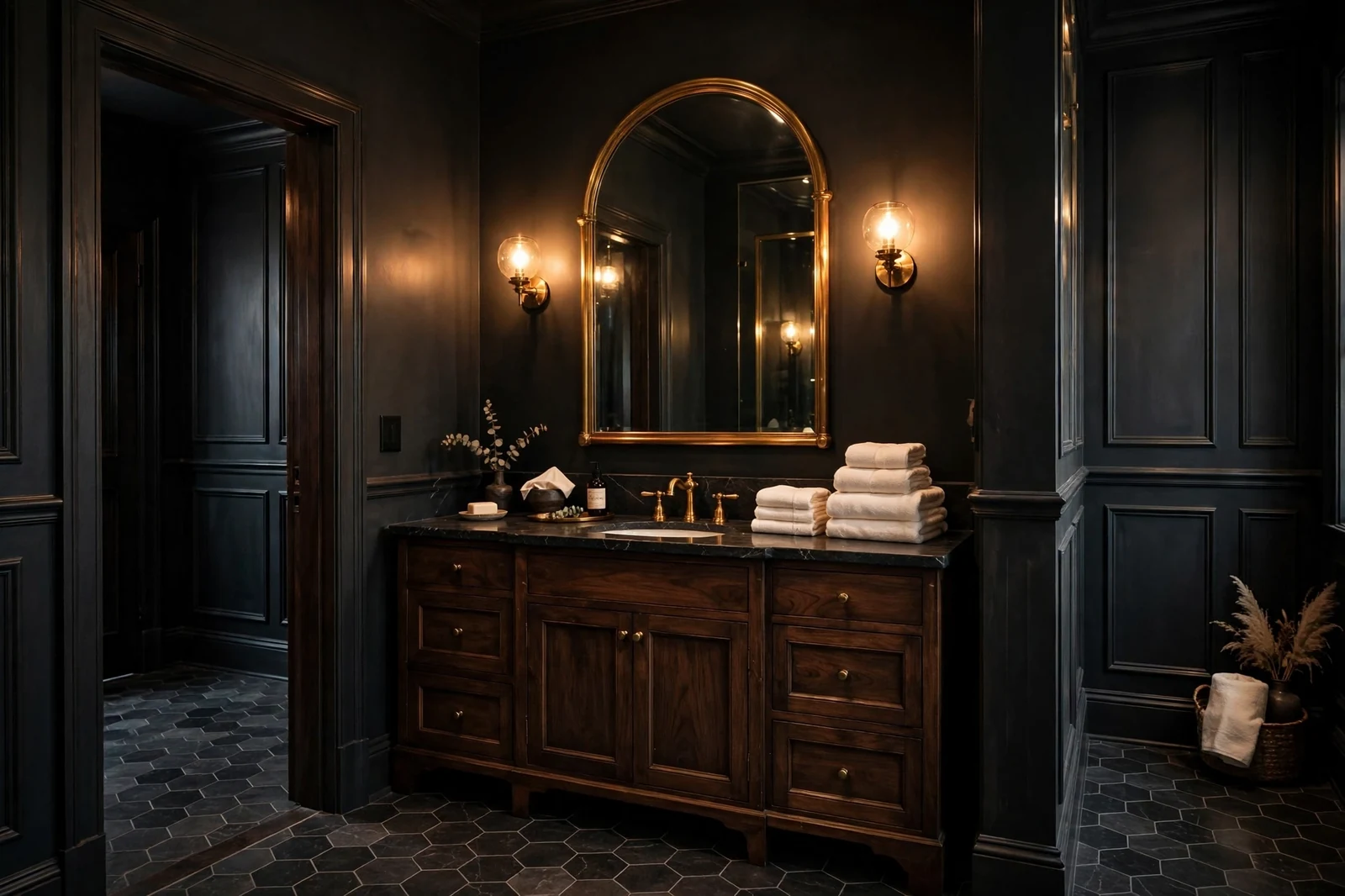 Moody powder bathroom with charcoal walls, brass arched mirror and warm sconces