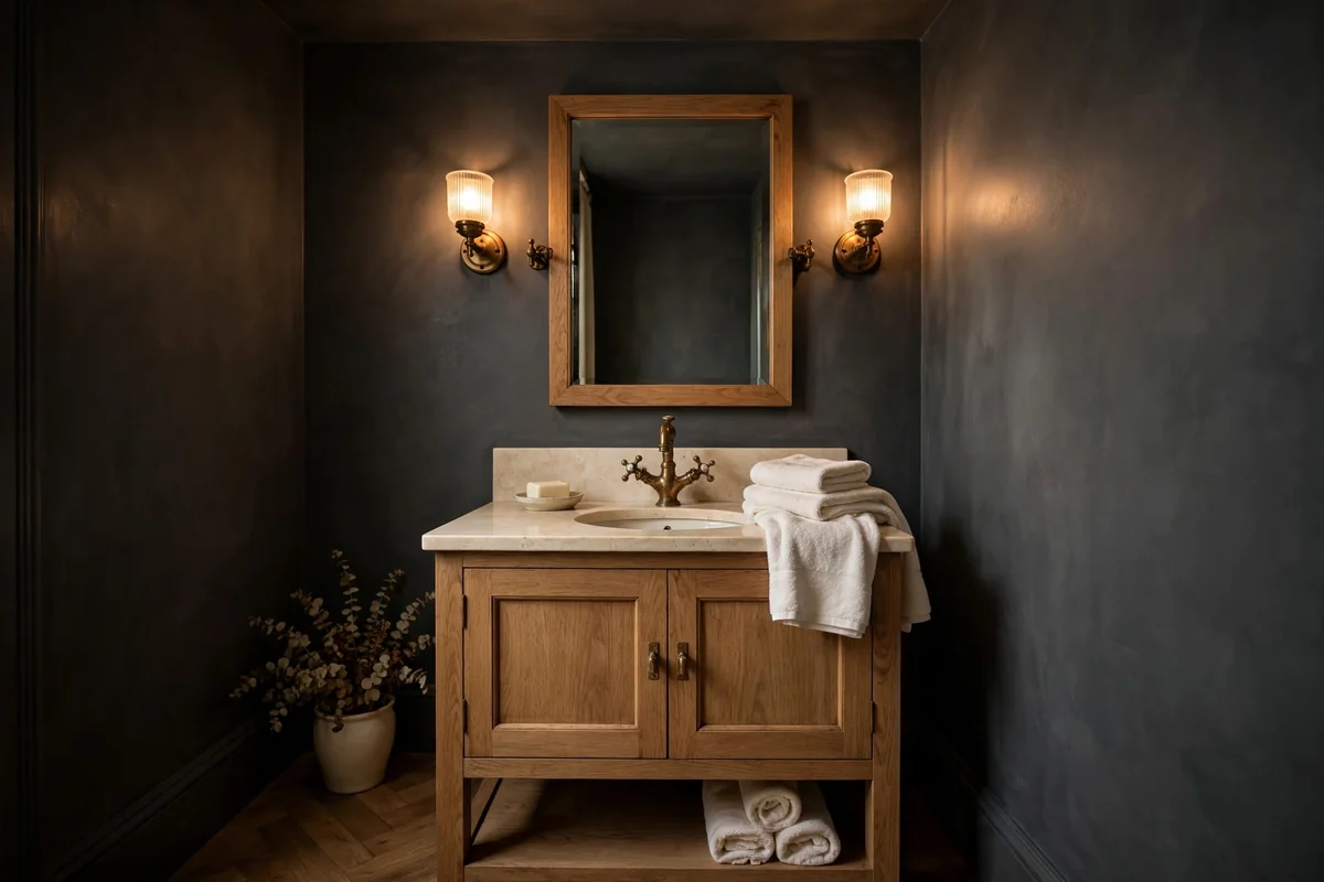 Powder bathroom with warm charcoal walls, oak vanity and brass faucet
