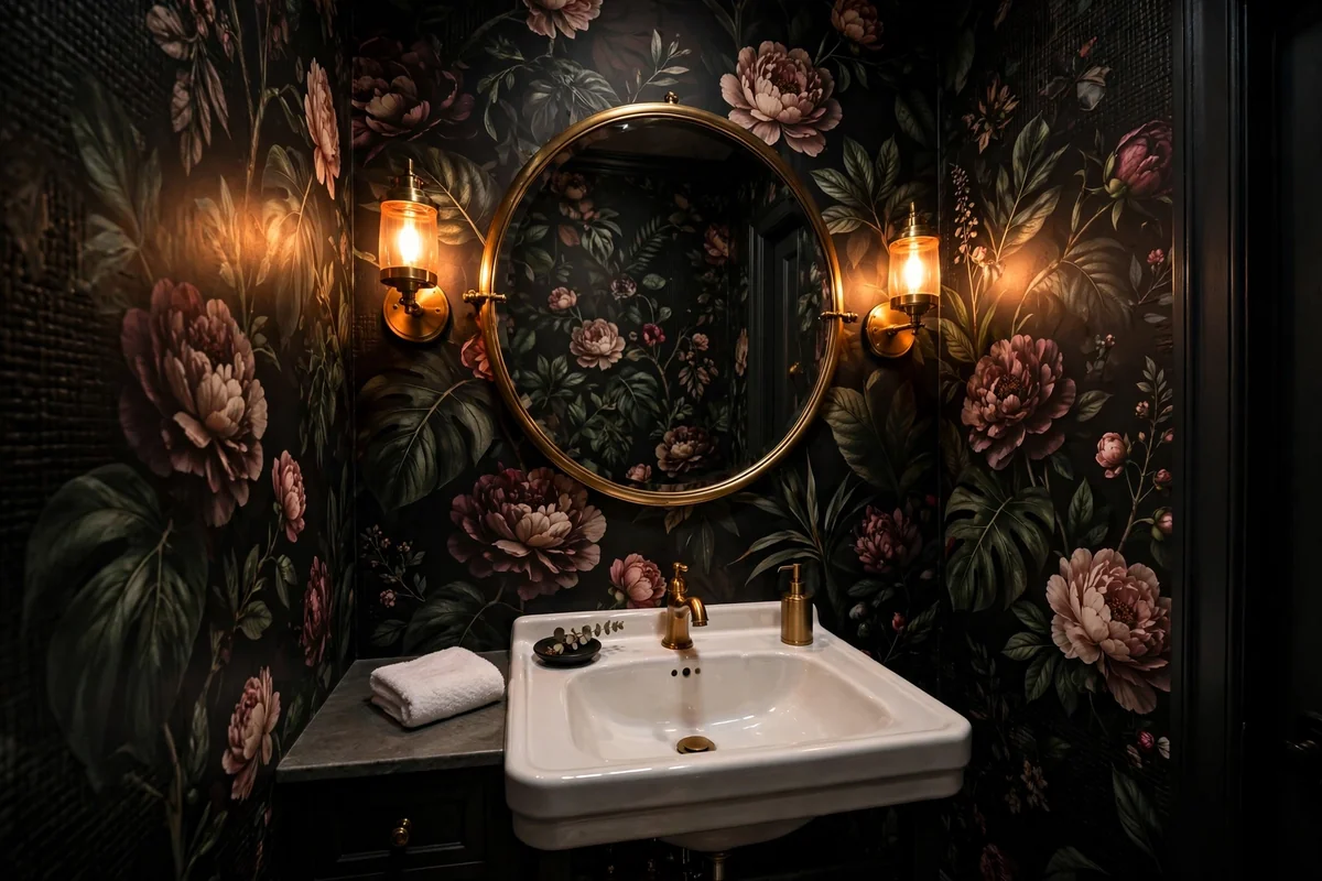 Powder bathroom wrapped in dark botanical wallpaper with brass mirror