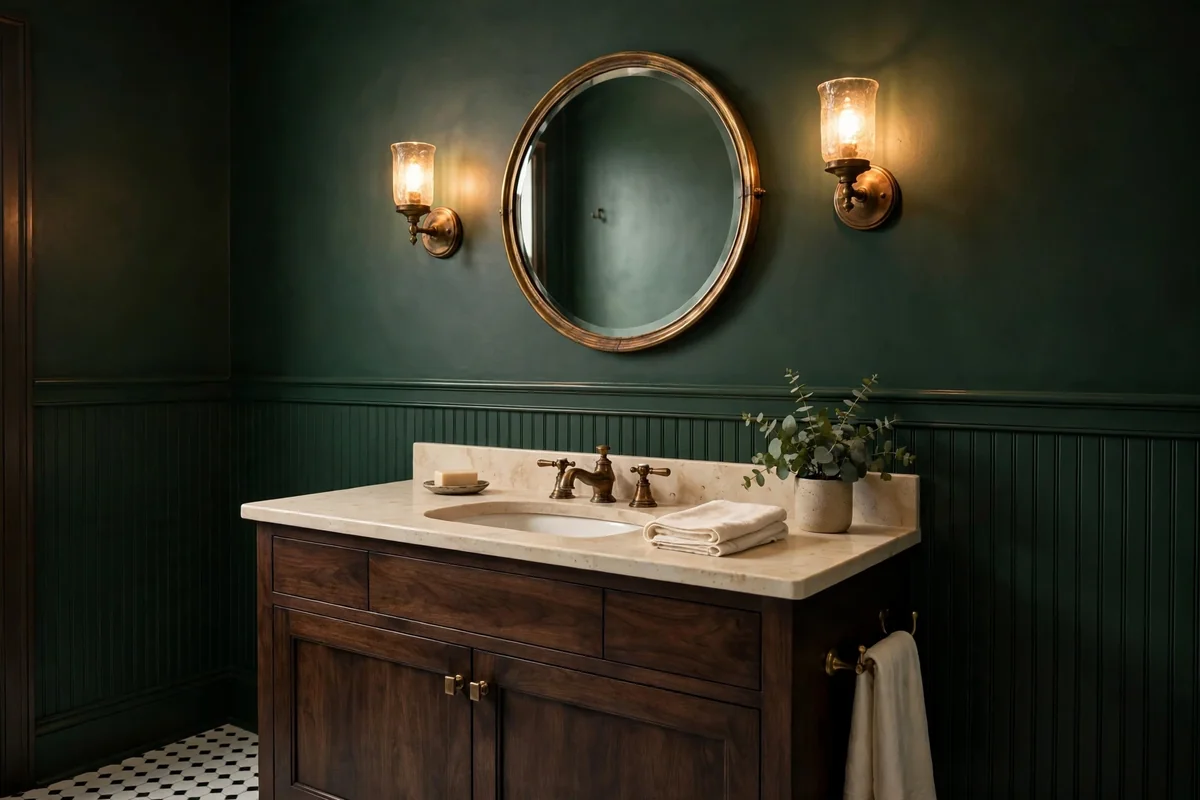 Powder bathroom with deep forest green walls, brass mirror and faucet