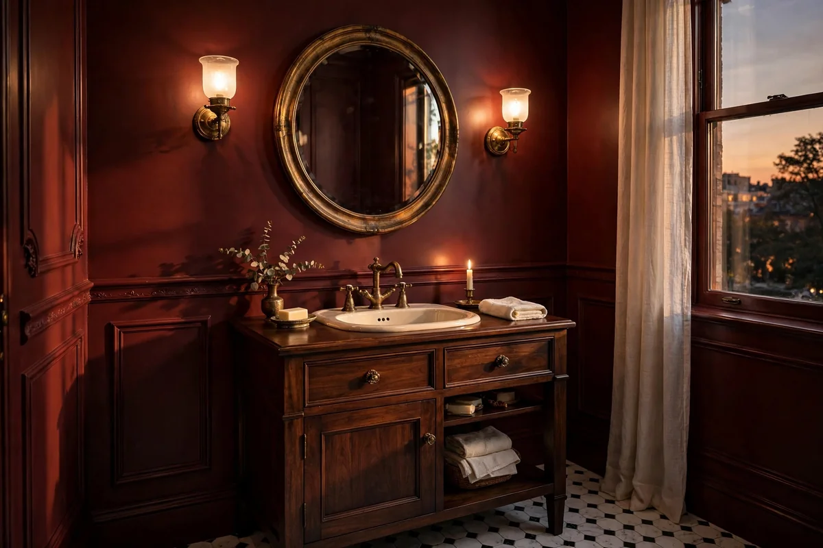 Elegant powder room with deep oxblood burgundy walls and dark wood vanity