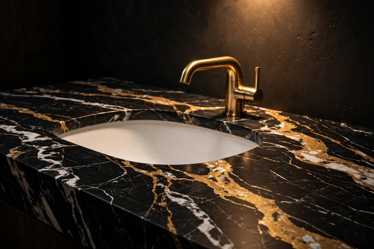 Powder room vanity with black marble countertop and dramatic veining