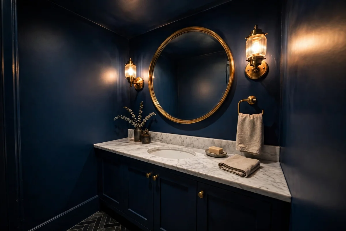 Tiny powder bathroom painted deep navy on walls and ceiling