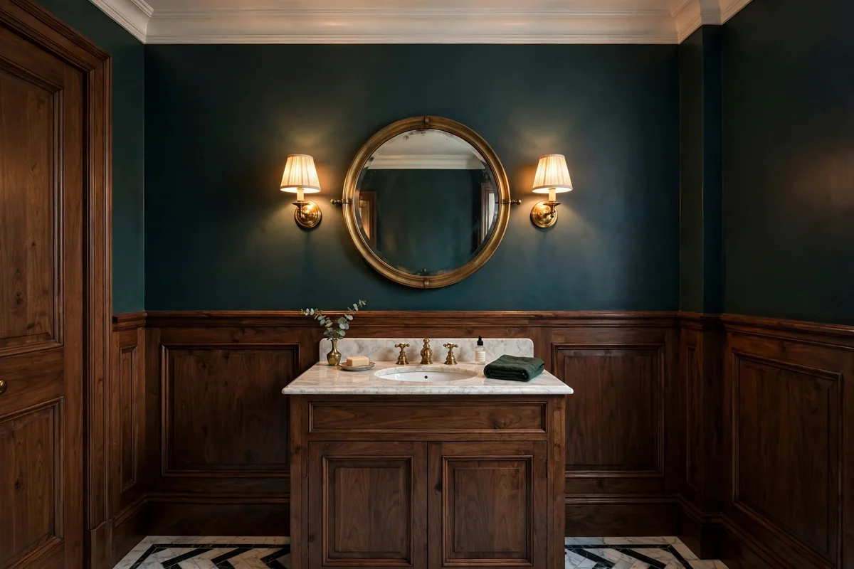 Sophisticated powder room with dark walnut wainscoting and deep upper walls