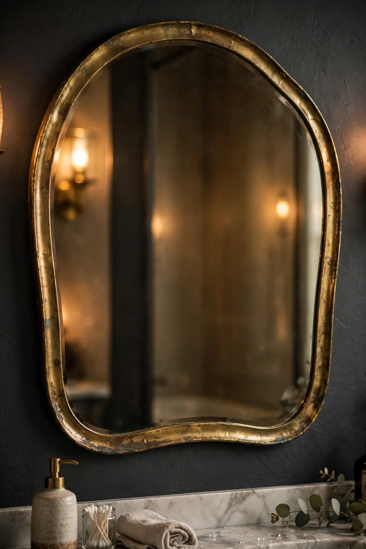 Large arched antique brass mirror on a dark charcoal bathroom wall