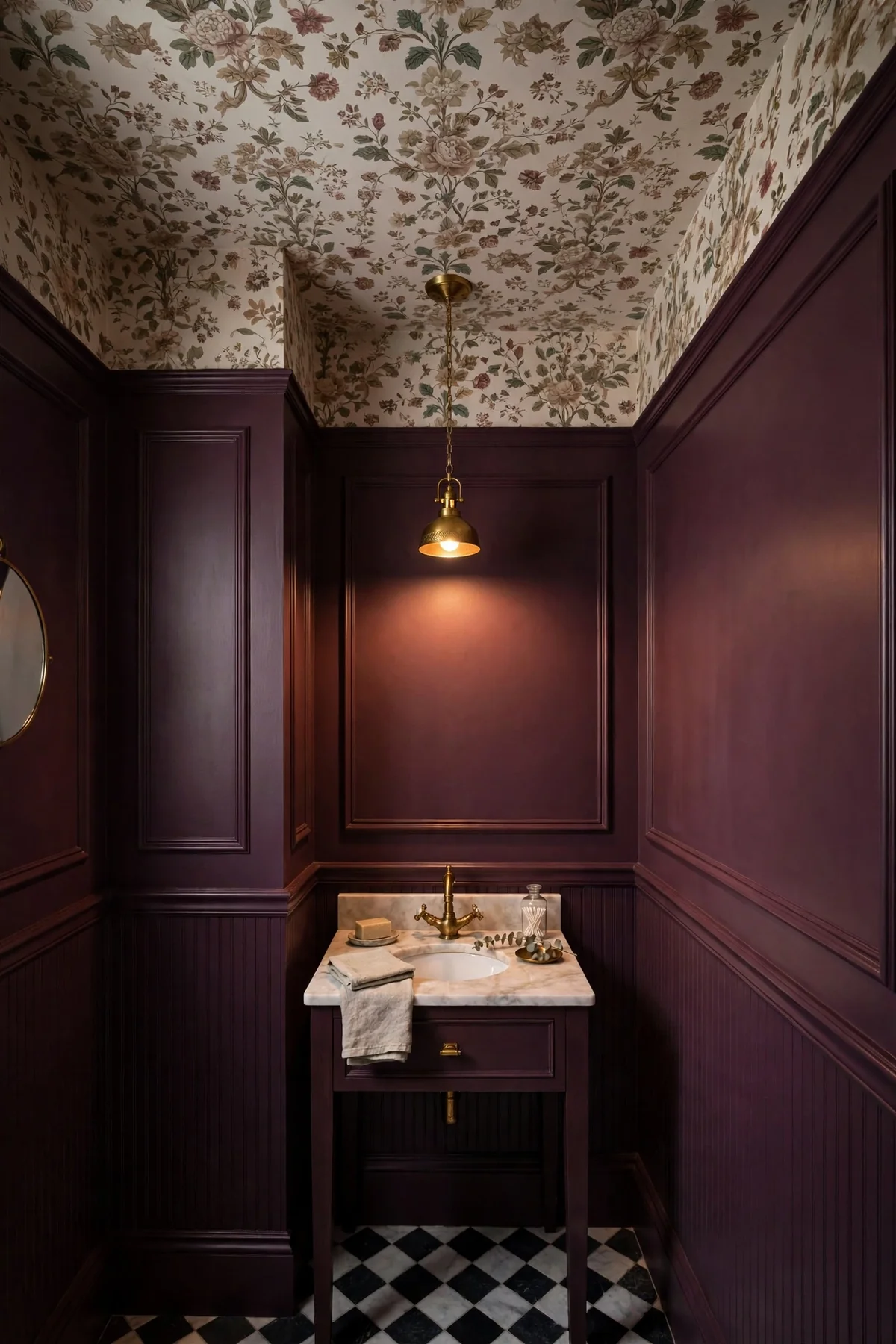 Dramatic powder room with deep plum walls and floral wallpapered ceiling