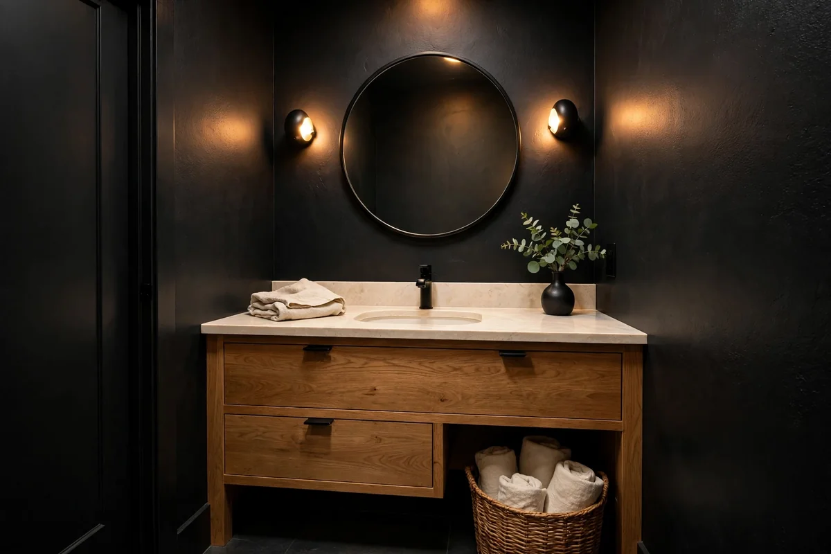 Modern moody powder bathroom with matte black walls and honey oak vanity