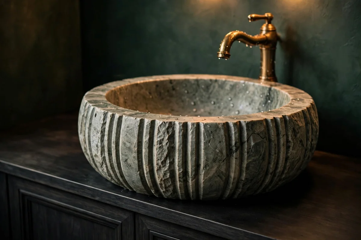 Sculptural round stone vessel sink on a dark vanity in a moody powder room