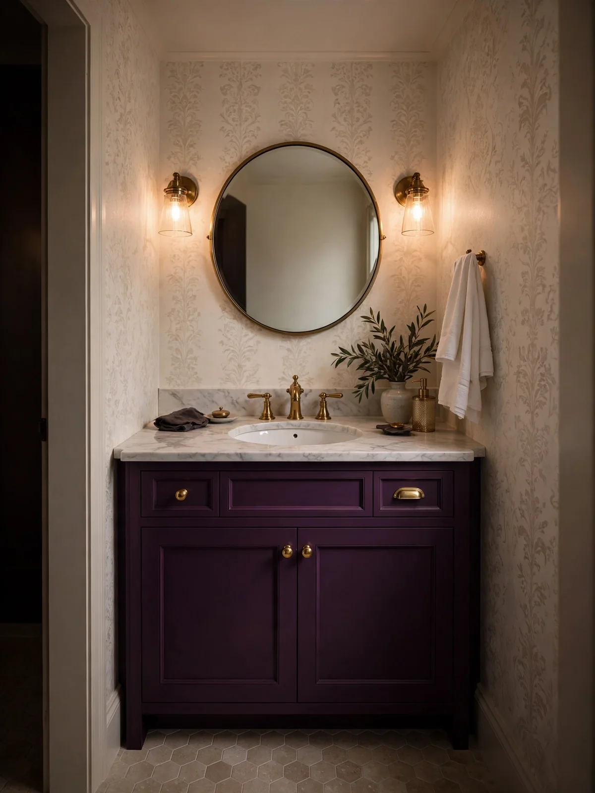 Compact powder bathroom with a rich aubergine vanity and brass hardware