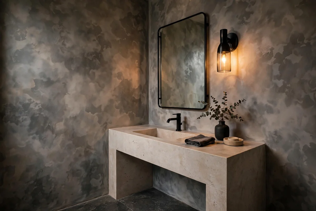 Moody powder room with smoky gray limewash textured walls