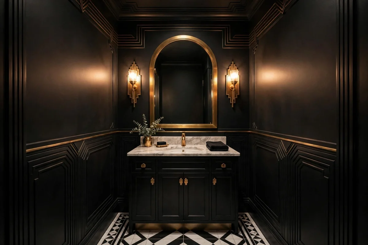 Glamorous small powder bathroom with black walls and brass art deco touches