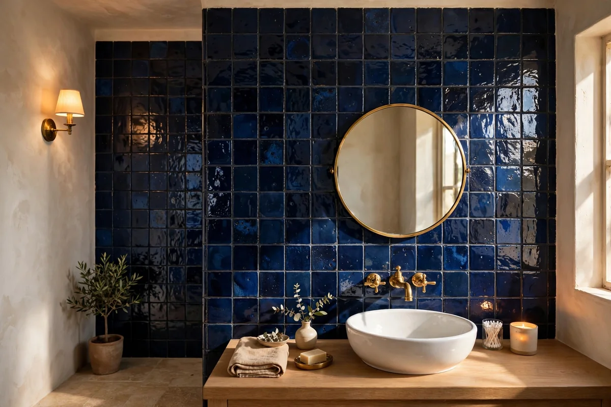 Powder bathroom with a full wall of deep navy handmade tiles
